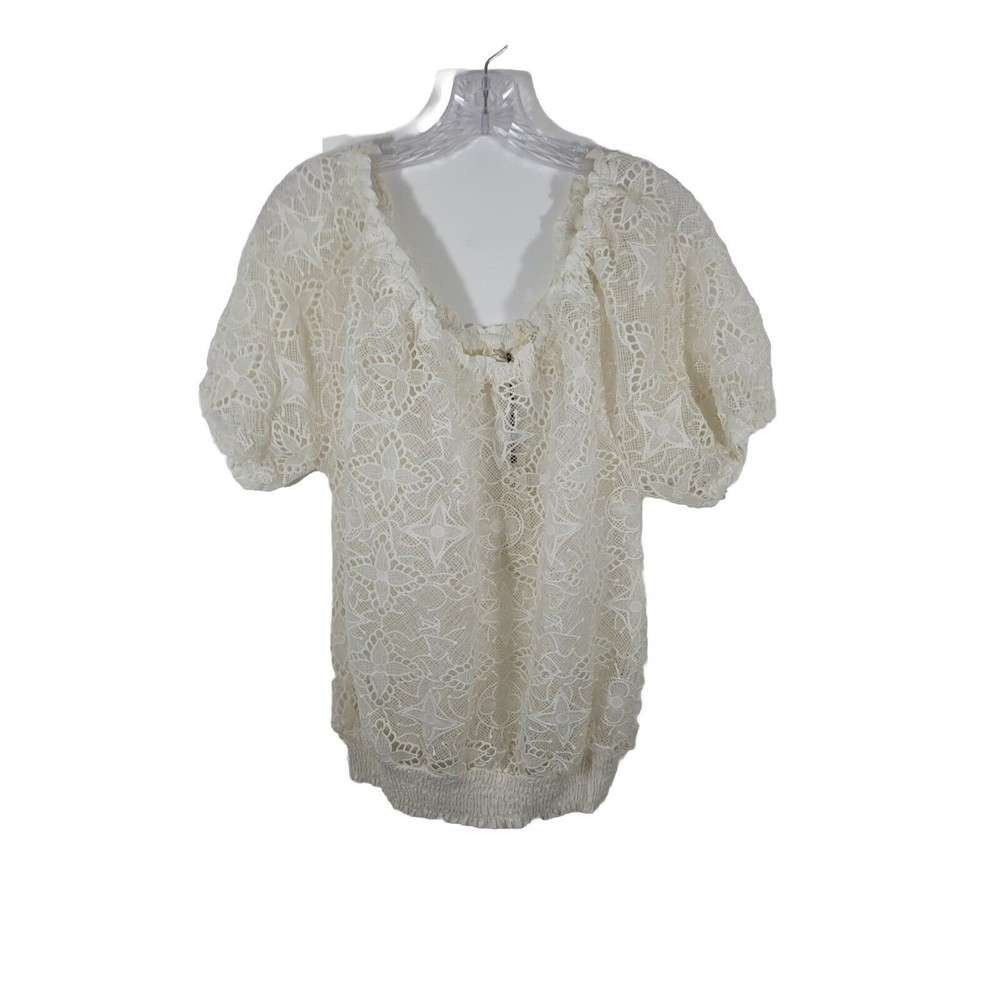 NWT SOLITARE Size Large Crochet Puff Sleeve Top Blouse Ivory Boho Chic Feminine
